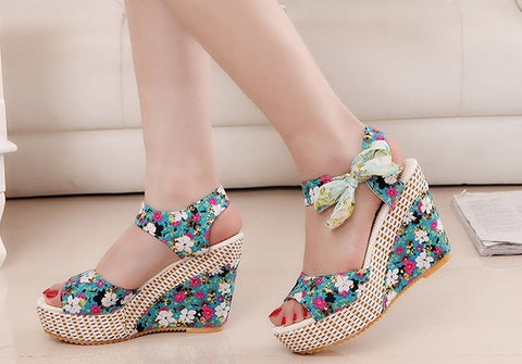 Print Lace Ribbons Women Sandals Wedges Platform High Heel Shoes