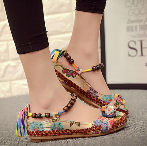 Handmade Beaded Ankle Straps Loafers Retro Ethnic Embroidered Shoes