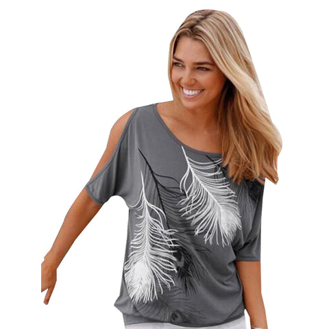 Slit Sleeve Cold Shoulder Feather Print Women Casual Summer T Shirt