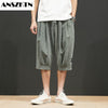 ANSZKTN 2021 Summer Fashion brand Loose youth Day beltless casual solid color cropped pants trend casual pants for men