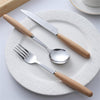 Wooden Handle Stainless Steel Cutlery Set Flat Japanese Style Spoon Fork Steak Knife Teaspoon Tableware Utensils For Kitchen