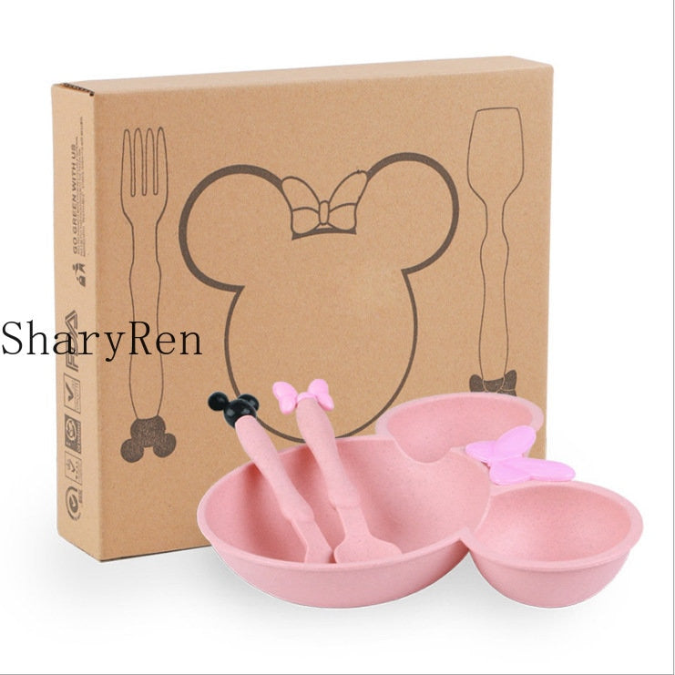 3Pcs/set Cartoon Baby Bowl Tableware Set Wheat Straw Children&#39;s Dishes Kids Dinner Feeding Plate Bowknot Food Plate Spoon Fork
