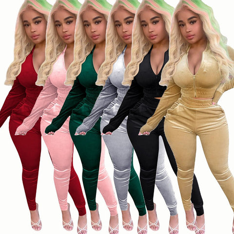 2022 Two Piece Set Women Velvet Hoodied Long Sleeve Crop Top Stacked Pants Leggings 2 Piece Set Outfits Tracksuit Sweatsuit