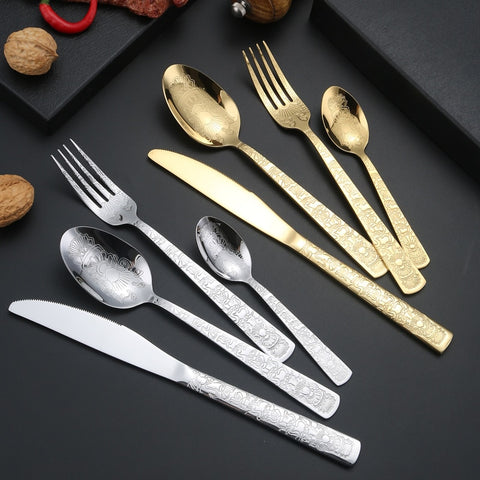 Western Creative Carved Cutlery Set Stainless Steel Knife Fork Spoon Teaspoon Dinnerware Set Tableware Utensils for Kitchen
