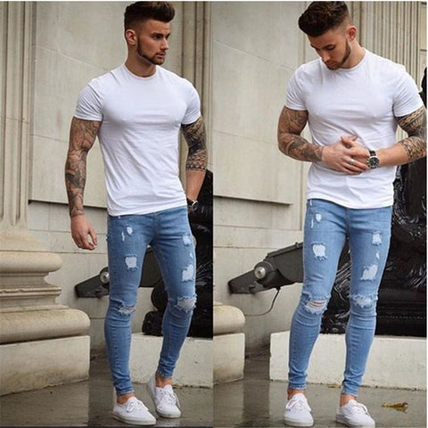 S/4XL Men's Stretchy Biker Jeans Skinny Destroyed Taped Slim Fit Denim Pencil Pants Ripped Jeans for Male Light Blue Streetwear