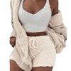 Pajamas Set Lady Female Soft Warm Long Sleeve Exposed Navel Vest Shorts Set