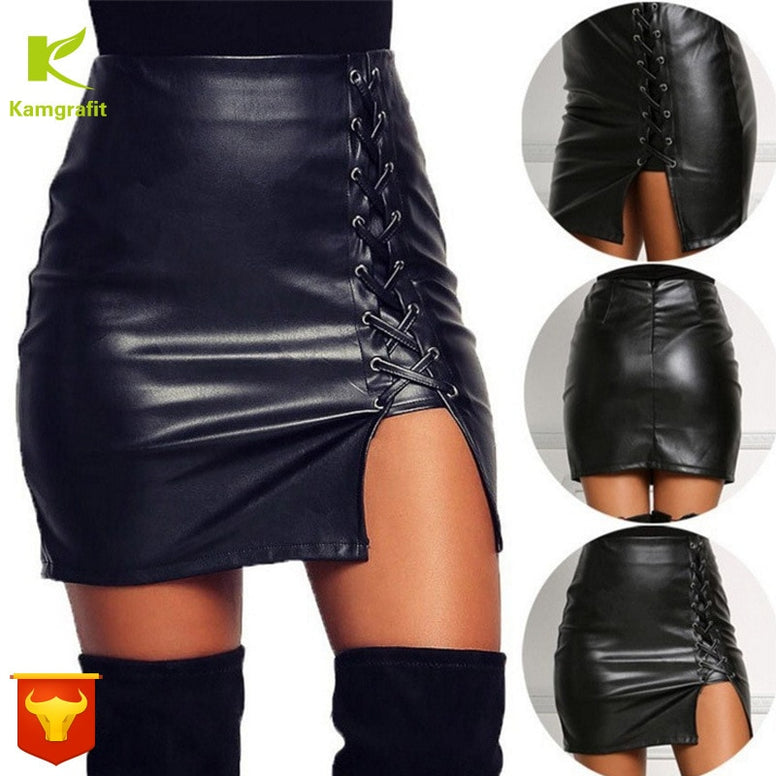 Leather skirt high Wrap hip hop skirt black plus size
