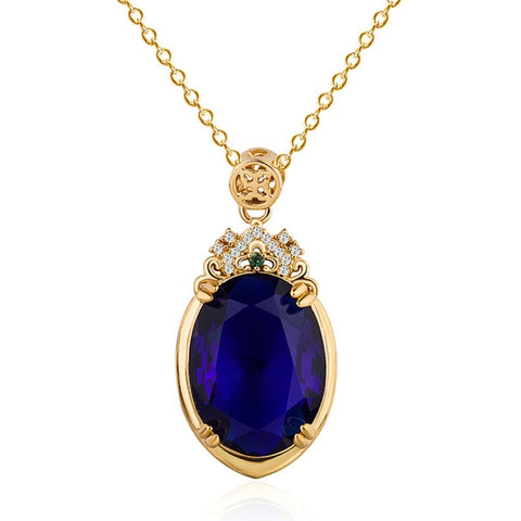 Vintage Carving Oval Sapphire Gemstones Blue Crystal Pendant Necklaces for Women