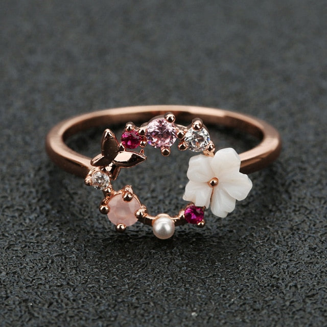 Butterfly Flower Rose Gold Wedding Ring