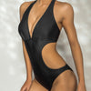 Sexy Cut Out Trikini Solid Deep V Halter Backless One Piece Swimwear
