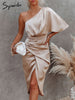 Satin Silk Dress for Women Short Sleeve One Shoulder High Split Bandage Long Dress