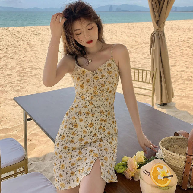Sexy V-neck Floral Summer Holiday Fashion Korean Style Slim A-line Beach
