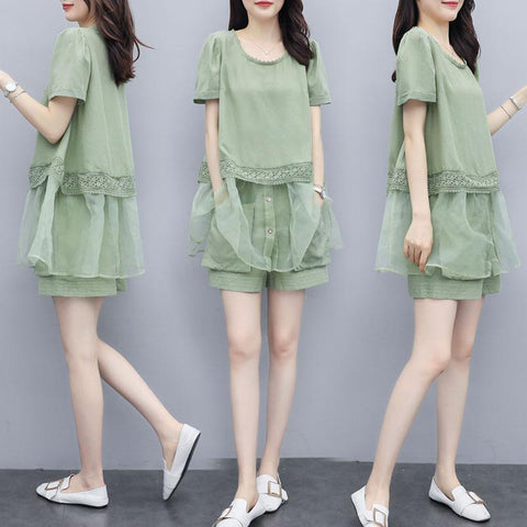 Patchwork Short-sleeve Tops and Shorts Suits Fashion Casual Set