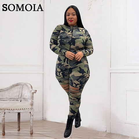Camouflage Print Women Jumpsuits Casual Outfits Ripped Holes Bodycon Bodysuits