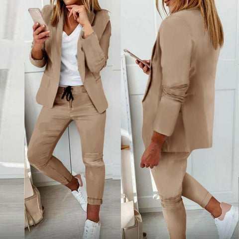 Blazer Coat Drawstring Pants Suit Long Sleeve