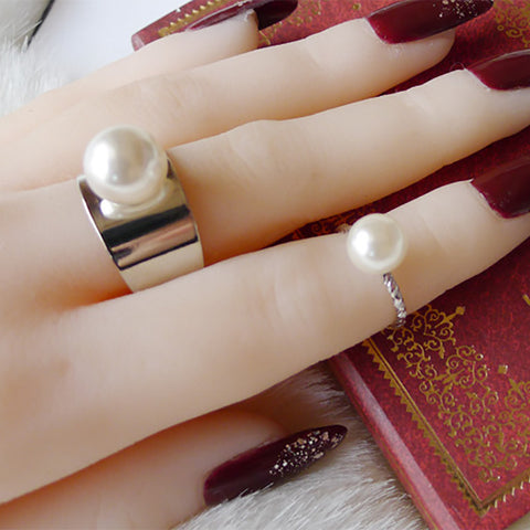 2 pieces/set Simulated Pearl Rings Set Women Gold Silver Open Ring Adjustable