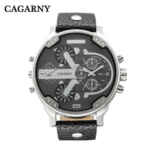 Luxury Men's Watches Quartz Watch Men Fashion Wristwatches Leather Watchband Date Dual Time Display Military Watches Men Cagarny