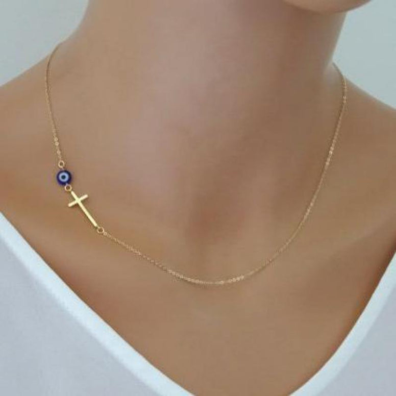 Women Sideways Gold Simple Cross Pendant Necklace
