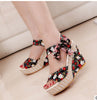 Print Lace Ribbons Women Sandals Wedges Platform High Heel Shoes