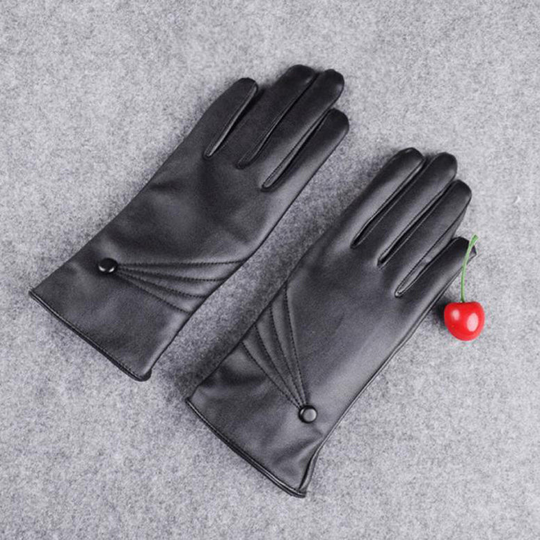 Winter Super Warm Gloves Women Girl Leather Cashmere Black Gloves #LYW