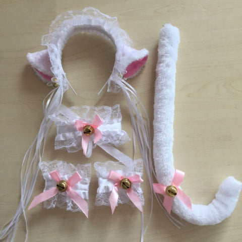 Women Cat Maid Cosplay Neko Costume Plush Lace Ears Headbands Tail Halloween
