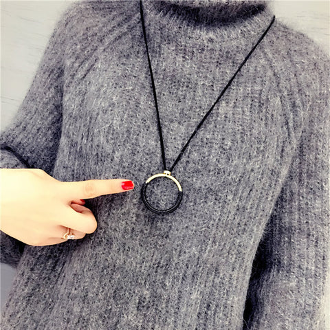 Big Circle Pendant Necklace Long Rope Leather Sweater Chain