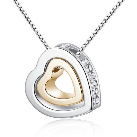 Double Heart Crystal Rhinestone Eternal Love Silver Necklace