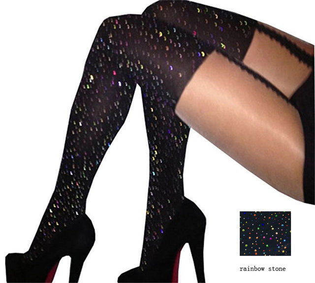 Sexy Rhinestone Tights Stockings Mesh Female Pantyhose In A Grid  Women Bling Tights Slim Party Club Hosiery Sheer Nylon SW077