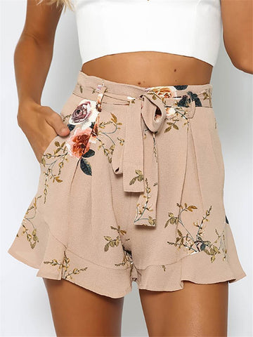 shorts women floral print short femme 2018 new summer style hot loose belt casual thin mid casual short women's plus size