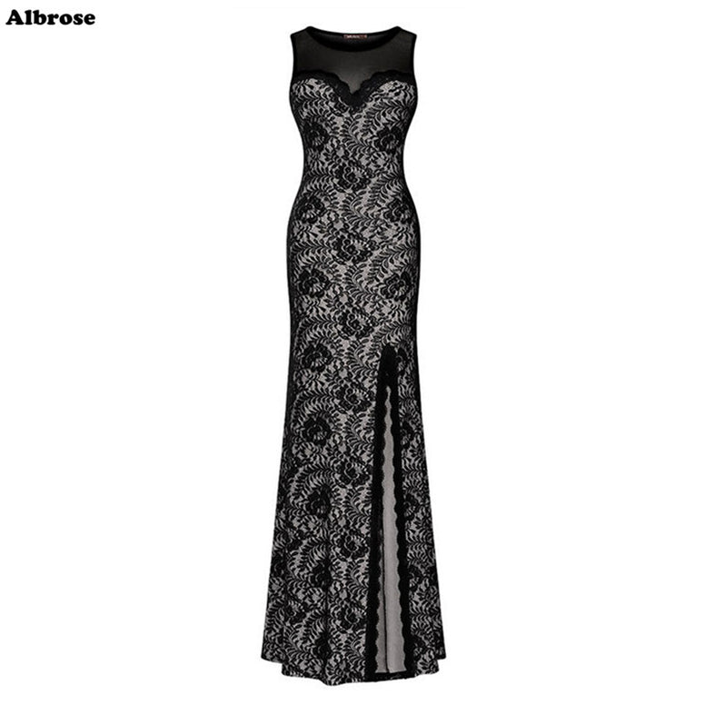 Black Lace Front Split Evening Dresses Long Formal Dress
