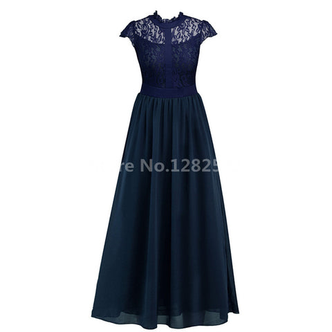Dress Lace Cap Sleeve Long Navy Blue Formal Dress Black Chiffon Prom Gown
