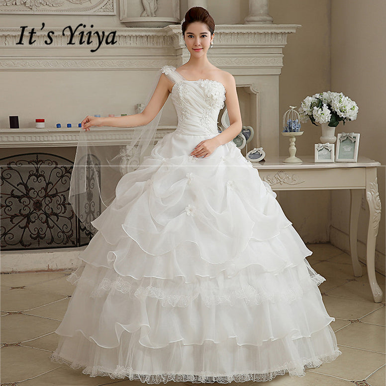 One Shoulder Skirt White Floor Length Bride Gowns