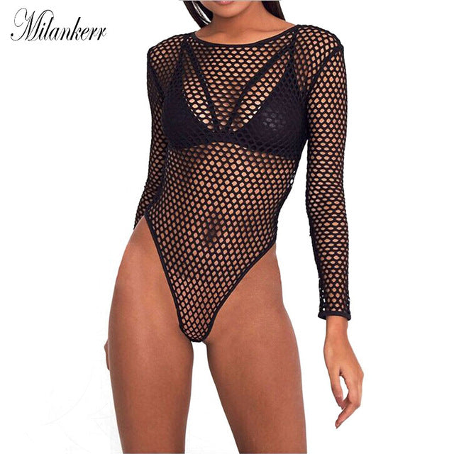 Long Sleeve Hollow Out Jumpsuit Sexy Slim One-Piece Swimsuit
