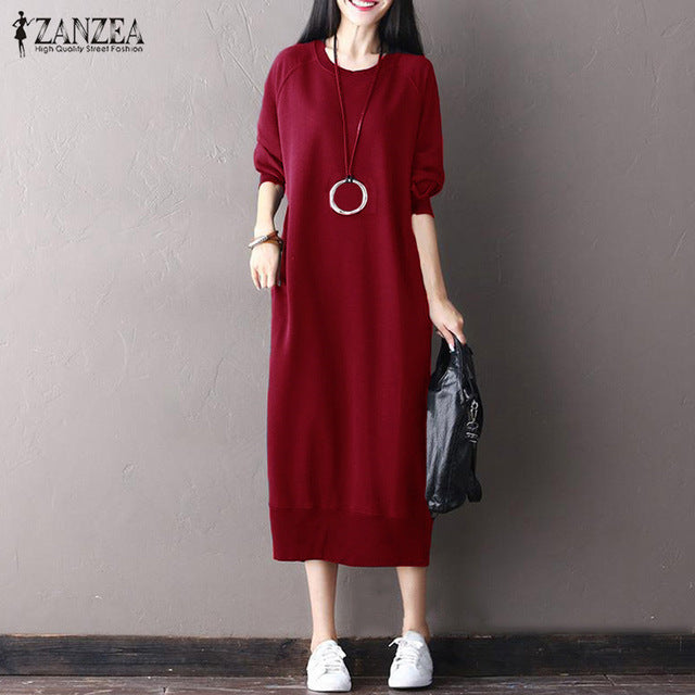 Solid O Neck Long Sleeve Casual Pockets Pullover Sweatshirt Dress Plus Size