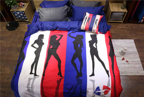 sexy girl lady Printed bedding full queen size comforter sets Egyptian cotton 600TC bedclothes coverlets 4-5 pcs blue red color
