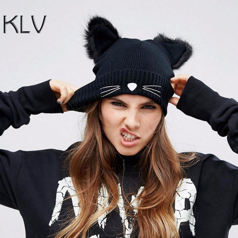 Hot Sale Cat Ears Women Hat Knitted Acrylic Warm Winter Beanie Caps