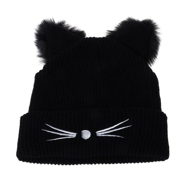 Hot Sale Cat Ears Women Hat Knitted Acrylic Warm Winter Beanie Caps