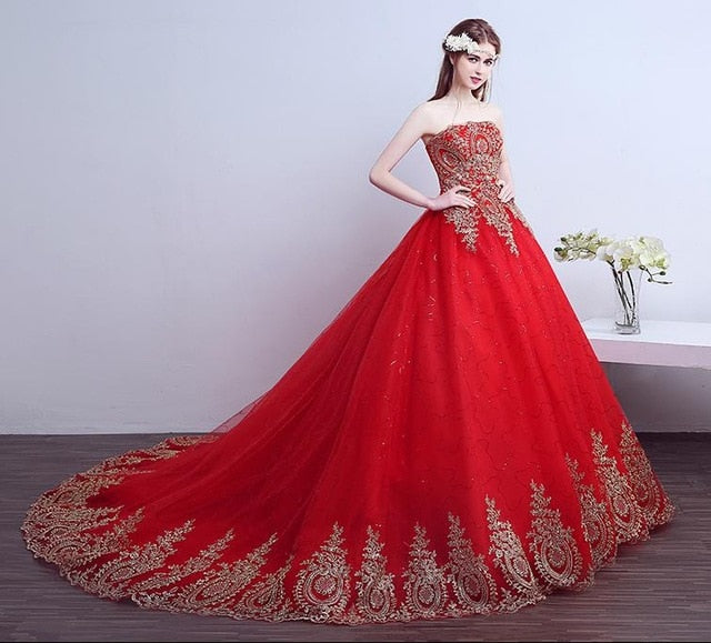 Lace Tulle Red with tail Chinese Pattern Style Cheap China Embroidery Bridal Gown