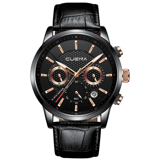 CUENA Luxury Men Watches Leather Strap Stopwatch Luminous Hands Calendar 30M Waterproof Men's Wristwatch Quartz Male Watch Brown