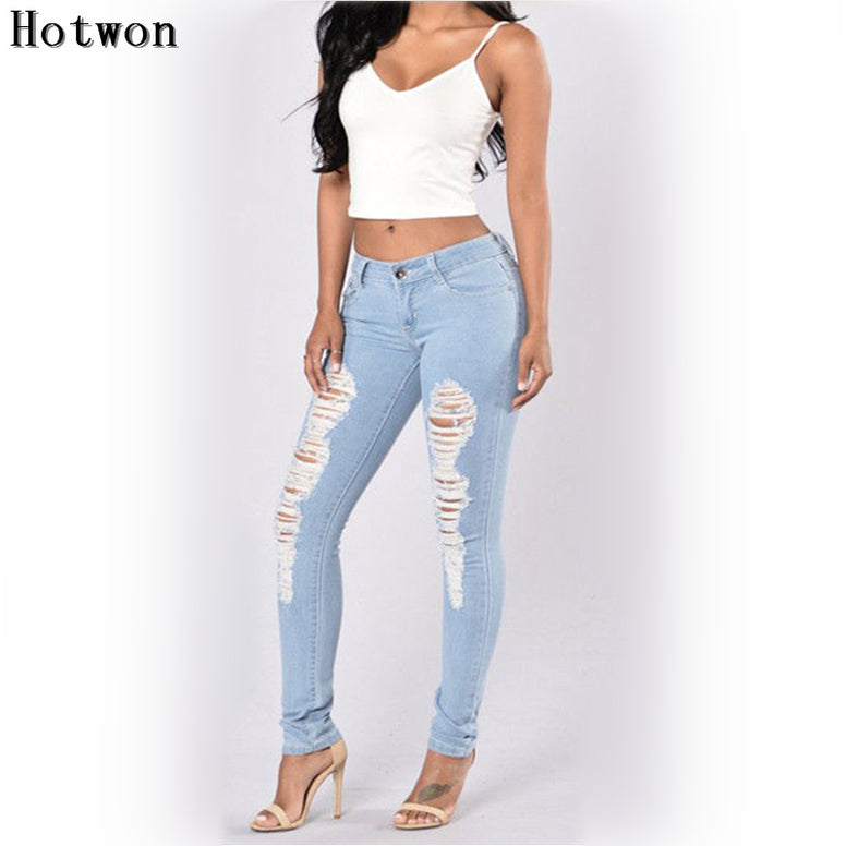 2017 New Light colour Hole Ripped Jeans Women Jeans For Girls Stretch Mid Waist Skinny Jeans Female Pants Woman Jeans