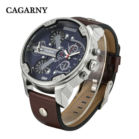Luxury Men's Watches Quartz Watch Men Fashion Wristwatches Leather Watchband Date Dual Time Display Military Watches Men Cagarny