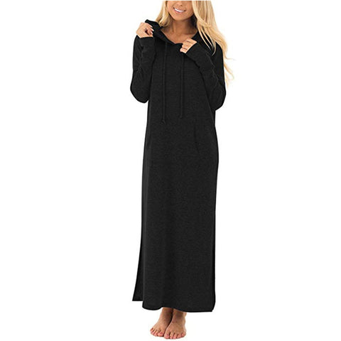 Long Sleeve Fleece Split Long Women Casual Loose Hoodies Pullover Dress