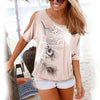 Short Batwing Sleeve Loose Tops Cold Shoulder Feather Print