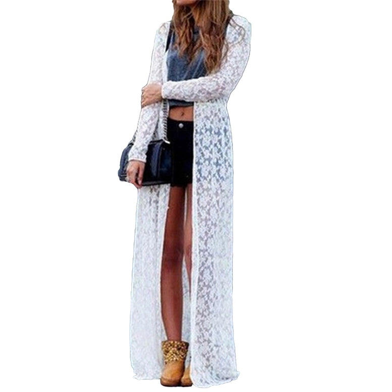 Floral Lace Kimono Semi Sheer Solid Open Front Long Elegant Beach Cover Up