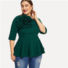 Green Flower Applique Peplum Elegant Blouse Ruffle Shirt