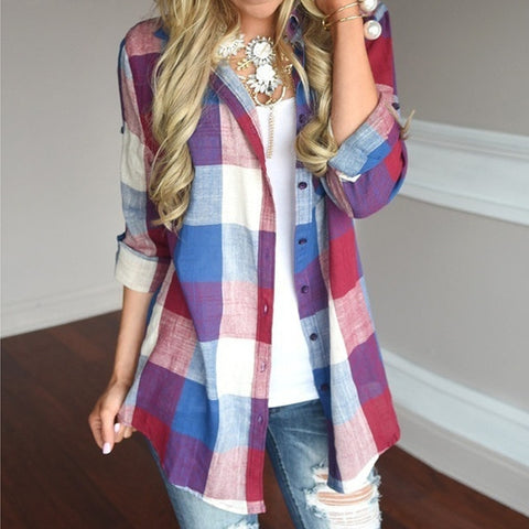 Matching Color Long Sleeve Button Loose Plaid Shirt Top