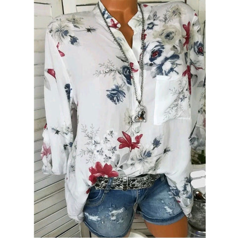 Chiffon Blouses Casual Flower Print Long Sleeve Stand Neck Tops