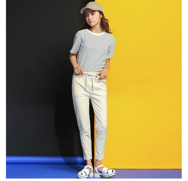 Women Casual Harajuku Long Ankle Length Trousers 2019 Summer Autumn Plus Size Solid Elastic Waist Cotton Linen Pants Black Pant