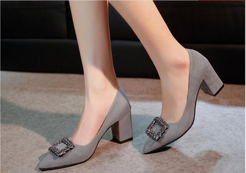 Shallow Pointed Toe Buckle Shoes Flock High Heels Pumps Shoes Ladies